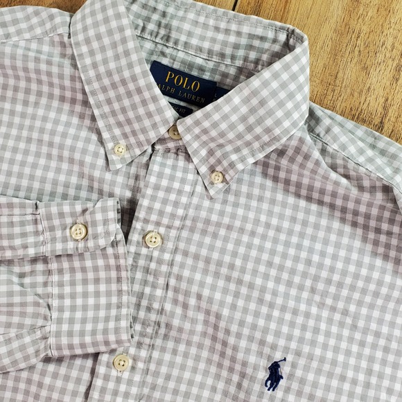 Polo Ralph Lauren Button Down Shirt Mens Large Grey Gingham Classic Fit Cotton - Picture 2 of 8